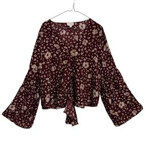 Everly Womens Burgundy Floral Leopard Tie Front Bell Sleeve Blouse Large P0639